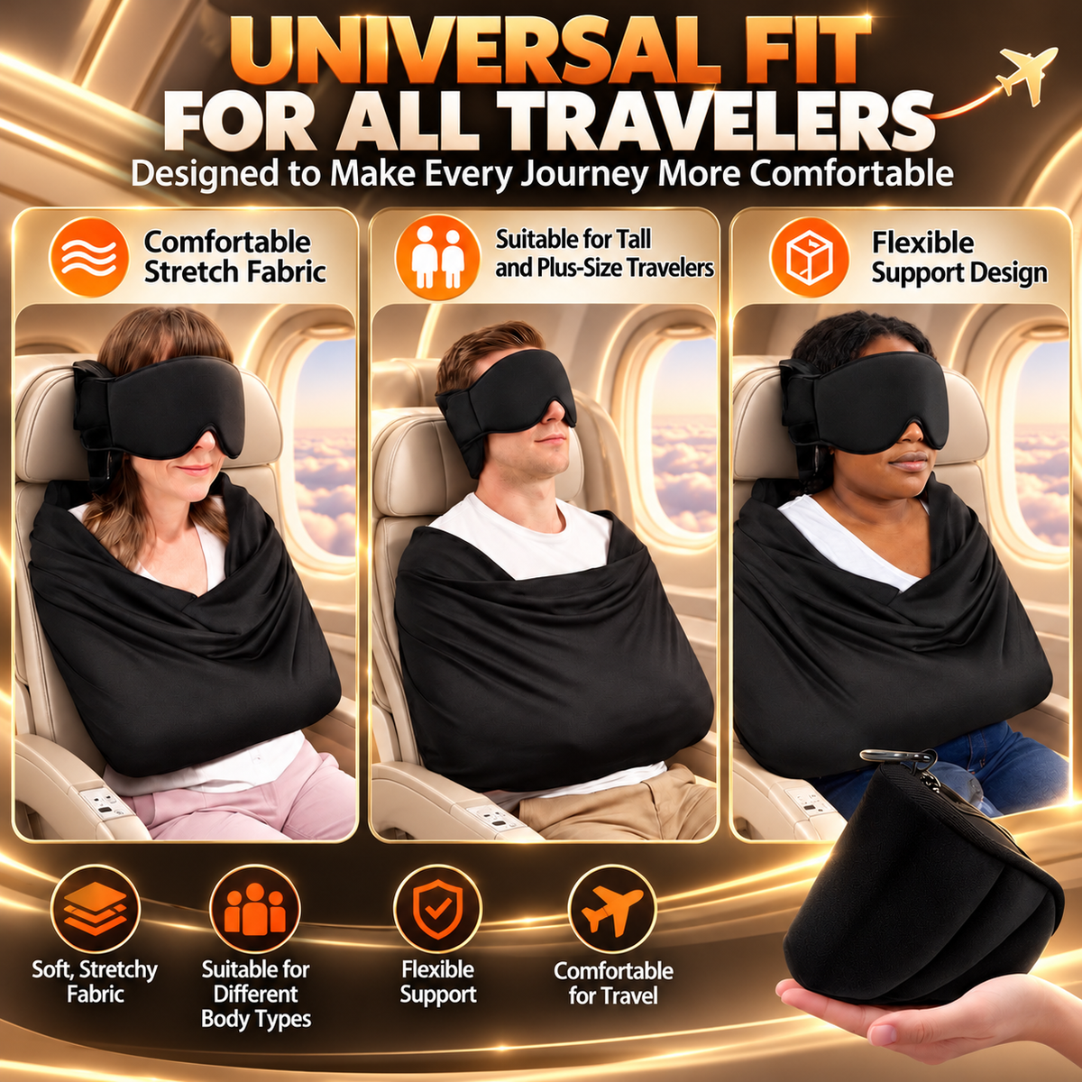 ELVORA 3-in-1 Travel Comfort Set – Sleep Mask, Head & Neck Cushion & Full-Body Support Wrap