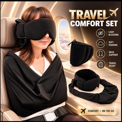Elvora three-piece travel comfort set shown in an airplane cabin